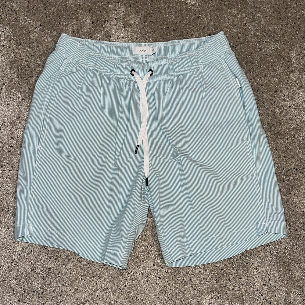 Onia “The Charles” Aqua Pinstripe Shorts with White Drawstring